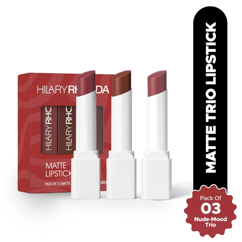 Hilary Rhoda Matte Trio Lipstick | Matte Finish & Long Lasting Lipstick | Pack of 3 Lipsticks | Highly Pigmented & Glides Smoothly | Vegan & Cruelty-Free - (Nude-Mood Trio, 3g x 3U) thumbnail 2